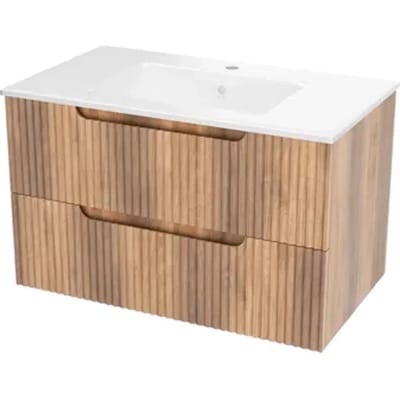 Aurlane Wastafelonderkast Emilien 50cm - Houtlook Mat - Met 2 Lades - Met Mat Witte Wastafel