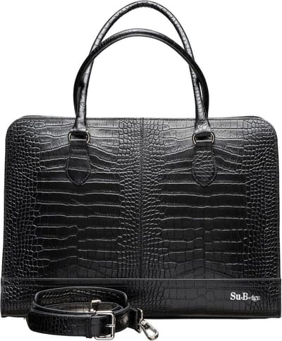 Laptop Bag 15.6 inch - Croco Print Leather - Dutch Design - Made in Italy - Shoulder Bag with Laptop Compartment - Black