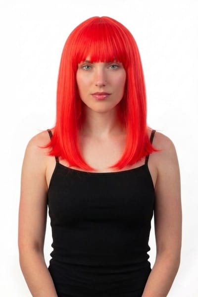 KIMU® Luxe Rode Pruik Schouderlengte - Haarwerk Stijl Pony - Rode Donkerrood Vuurrood Halloween Eng Spooky Robijn Festival