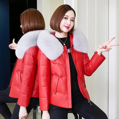 Veste en PU Coton Duvet Manteau d'Hiver Fourrure Imitation Style Court Ample Taille Haute 4XL rouge