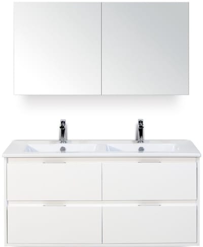 Porto Badmeubelset 120 cm - 4 Laden Wit Hoogglans - Keramische Wastafel Wit Slim met Spiegelkast