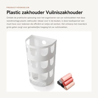 Dailygoods- Zakhouder wandmontage - Plastic boodschappentashouder - Duurzaam PP - Meerdere grote gaten - Ruimtebesparend ontwerp - Eenvoudig te installeren