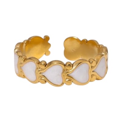 Aramat Jewels | Ringen | Open Ring RVS met Hartjes Motief en Emaille (6 mm) | Wit | |6mm | Staal | Volwassenen | Verkleurd niet