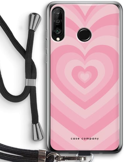 Case Company® - Hoesje met koord geschikt voor Huawei P30 Lite hoesje met Koord - Hart Roos - Telefoonhoesje met Zwart Koord - Bescherming aan alle Kanten en Over de Schermrand