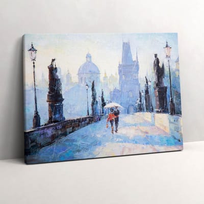 Wallfluent Foto Op Canvas Olieverfschilderij - een verliefd stel onder een paraplu - 80 x 60 cm - Blauw Schilderijen Op Canvas Doek - Abstract Canvas Foto - Imitatie van een olieverfschilderij Schilderij Op Doek - Abstract Canvas Schilderij