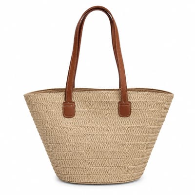 Strandtas Dames - Gevlochten Shopper met Ritssluiting - Beige