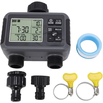 Automatische Besproeiingstimer LCD-scherm 3/4-1/2 Inch Kraan 2-Zones Bewateringstimer voor Buitentuin gray