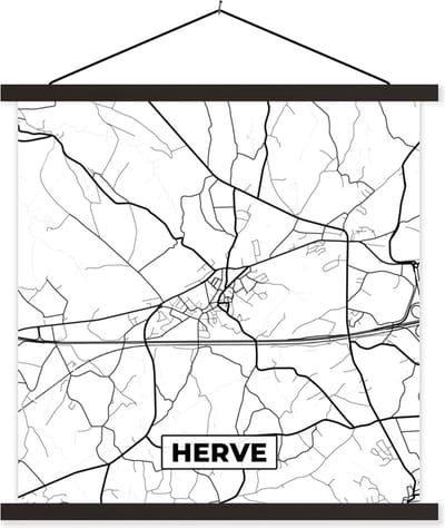 Posterhanger incl. Poster 60x60 cm - Schoolplaat - Zwart Wit – België – Plattegrond – Stadskaart – Kaart – Herve - Textielposter - Zwarte latten - Stadskaart