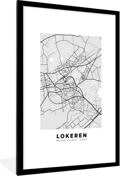 Fotolijst incl. Poster Zwart Wit- België – Lokeren – Stadskaart – Kaart – Zwart Wit – Plattegrond - 80x120 cm - Posterlijst