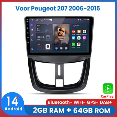 Awesafe Carplay Autoradio Geschikt Voor Peugeot 207 2006-2015 - Android 14 - 2GB RAM + 64GB ROM - Draadloos CarPlay & Android Auto - Bluetooth & WiFi - GPS Navigatie