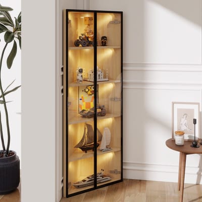 REDOM - Hoekvitrinekast - Met LED-Verlichting - Modern - Voor Woonkamer - MDF En Glas - Eikenkleur - 62 X 35 X 160 Cm