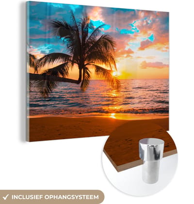 Glasschilderij - Strand - Zee - Palmboom - Acrylglas - Foto op glas - 160x120 cm - Glasschilderij natuur - Schilderij glas - Muurdecoratie glas - Glasschilderij strand - Slaapkamer