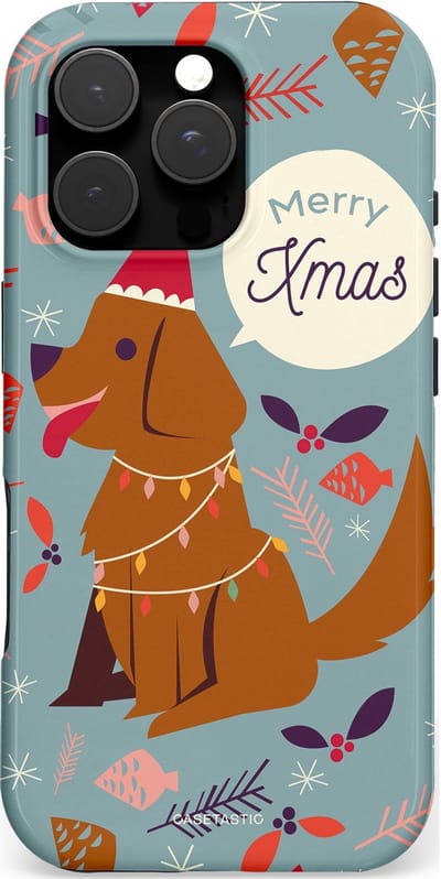 Casetastic hoesje geschikt voor Apple iPhone 16 Pro - MagSafe - Dubbellaagse bescherming - Merry Christmas Hond - Fashion Case - Zilver Bruin Saliegroen Rood