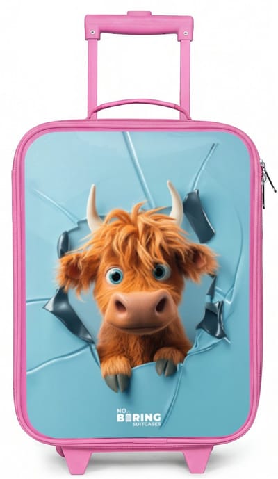 NoBoringSuitcases.com® - Kinderkoffer roze - Kindertrolley meisje - Cartoonachtige koe breekt door muur - Koffer kind lichtgewicht - Reiskoffer trolley voor kinderen - Koffertje met lichtgevende wieltjes - Rolkoffer
