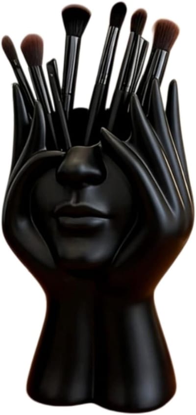 Figuurdesign make-up kwasthouder in menselijke vorm, 2 poses, cosmetica-organizer en pennenhouder, zwart