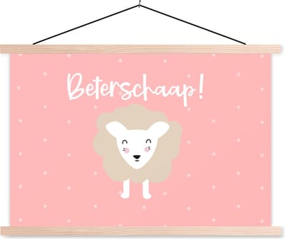 Posterhanger incl. Poster 90x60 cm - Schoolplaat - Get well soon - Quotes - Roze - Schaap - Textielposter - Blanke latten