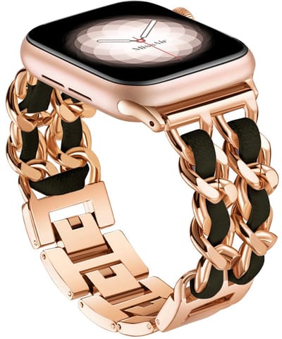 Stravo Metalen Horlogebandje met PU-Leren Details – Dubbele Schakelketting – Geschikt voor Apple Watch 46mm (Series 11/10), 45mm (Series 9/8/7), 44mm (Series 6/5/4, SE 3/2/1), 49mm (Ultra 3/2/1) – Roségoud/Zwart