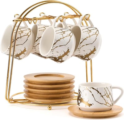 Set van 6 Keramische Espressokopjes met Schotels en Metalen Houder - 118ml Porselein voor Cappuccino en Dubbele Espresso