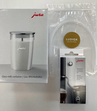 JURA BUNDEL: Glazen Melkbeker + JURA RVS Melkslang HP1 + melkslang - geschikt voor JURA E6 + ENA 8 - Melkreservoir