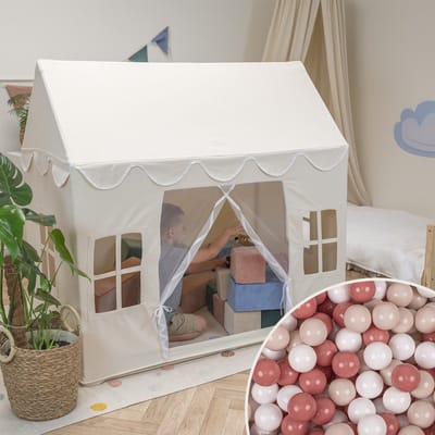 KiddyMoon Speelhuis Kindertent Met 200 Ballen Voor Kinderen Kinderhuis Opvouwbaar Ontwerp KiddyMoon Speeltent Indoor Creativiteit Kindertent Voor Binnen En Buiten Kinderkamer, Natuurlijke Kleur:Pastel Beige/Salmon/Wit