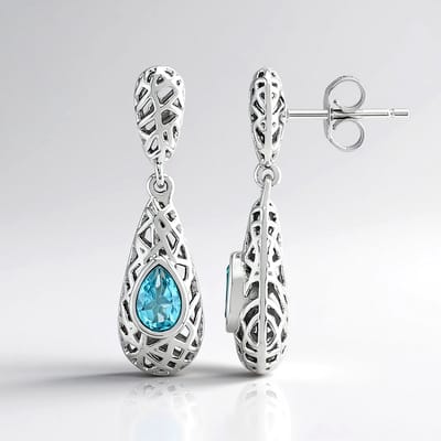 Cavill - Blauwe Apatiet Oorbellen - 925 Sterling Zilver Geplatineerd - 0,82 ct - Monosono Collectie - Elegante Peervormige Filigrain Sieraden