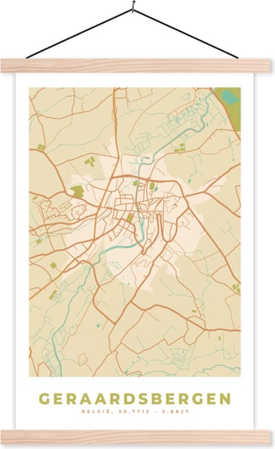 Posterhanger incl. Poster 40x60 cm - Schoolplaat - Geraadsbergen - Stadskaart - Plattegrond - Kaart - Vintage - Textielposter - Blanke latten - Stadskaart