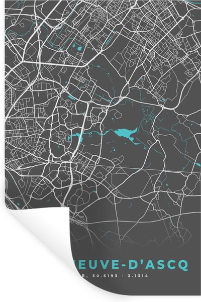 Muurstickers - Sticker Folie - Villeneuve-d'Ascq - Frankrijk - Stadskaart - Kaart - Plattegrond - 20x30 cm - Plakfolie - Muurstickers Kinderkamer - Zelfklevend Behang - Zelfklevend behangpapier - Stickerfolie