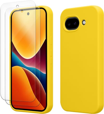 kwmobile hoes met 2x screenprotectors voor Google Pixel 10a – screenprotector van gehard glas – draadloos opladen – stralend geel