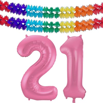 Folat Verjaardag Leeftijd folieballon - 21 jaar - roze - 86 cm - cijferballon groot - incl 2x feestslingers