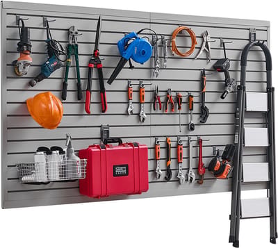 VEVOR Lamellenwandbekleding, 2,4 x 1,2 m, PVC-Garagelamellenwand met Modulair Ontwerp, Grijze Lamellenwand, Eenvoudig te Installeren, Verstelbaar Lamellenwandpaneel met Koppelingsstructuur en Doe-Het-Zelf-Snijwerk, Geschikt voor Opslag en Presentatie