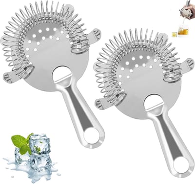 2 stuks - Cocktailzeef - Cocktailzeef van roestvrij staal met vier tanden - Barfilter-ijszeef - Zilveren bartool-drankzeef van 15 cm - Drankzeef met veer met hoge dichtheid - Geschikt voor bars, restaurants en thuis (zilver)