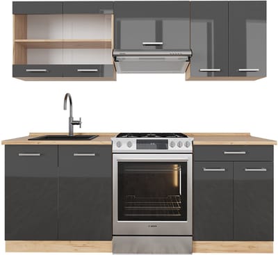 Vicco R-Line Complete keukeneenheid – 200 cm zonder werkblad Antraciet hoogglans/goud eiken