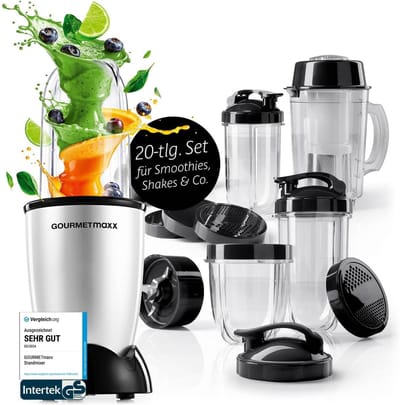 GOURMETmaxx Mr. Magic Power Pro-blender 400 watt | Smoothiemaker met meeneemdeksel | Staande blender met mengbeker en vershouddeksel voor bewaren | Blender met XL-accessoireset voor shakes, smoothies enz.