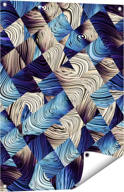 Gards Tuinposter Abstracte Kunst met Blauwe en Gouden Ruiten - 60x80 cm - Tuindoek - Tuindecoratie - Wanddecoratie buiten - Tuinschilderij