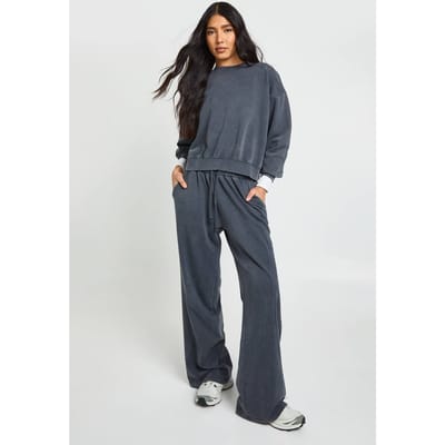 boohoo Dames Tall Gewassen Geribbeld Detail Sweatshirt Rechte Pijp Trainingspak | Grijs | Maat: XS