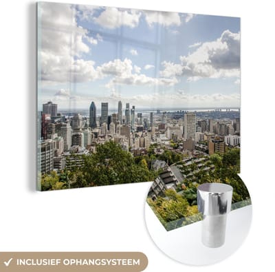 ® Glasschilderij 180x120 cm - Schilderij acrylglas - De horizon achter de bomen van Centre Ville Montreal - Foto op glas - Muurdecoratie woonkamer - Wanddecoratie slaapkamer - Schilderijen