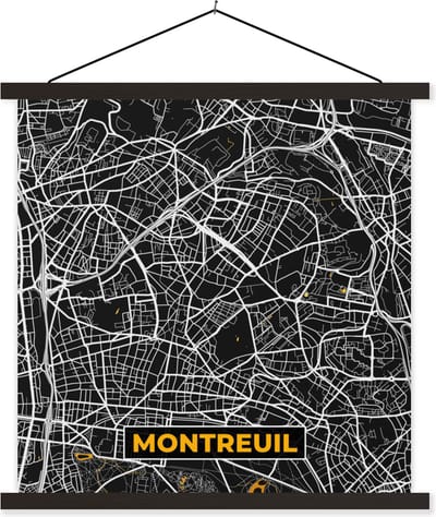 Posterhanger incl. Poster 60x60 cm - Schoolplaat - Kaart – Plattegrond – Frankrijk – Montreuil - Stadskaart - Textielposter - Zwarte latten - Stadskaart
