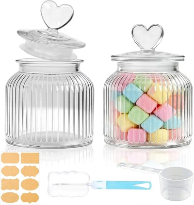 2 Stuks 650ml Luchtdichte Opbergpotten van Glas, Hartvormige Snoeppot met Deksel, Transparante Potten voor Snoep, Koekjes en Keukenaccessoires, Inclusief Maatlepel