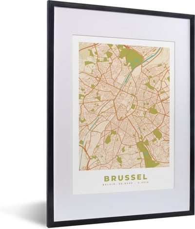 Fotolijst incl. Poster - Brussel - Stadskaart - Plattegrond - Kaart - Vintage - 30x40 cm - Posterlijst
