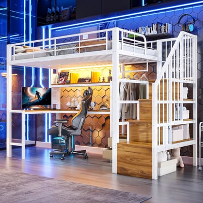 Hoogslaper 90x200 cm - Wit - Ijzeren frame - Hoogslaper Met LED-lichtstrip, 2 lades, kledingstang, Hoogslaper Met bureau & opbergtrap - Tienerhoogslaper - Kinderhoogslaper - Matras niet inbegrepen - Ruimtebesparend - Modern