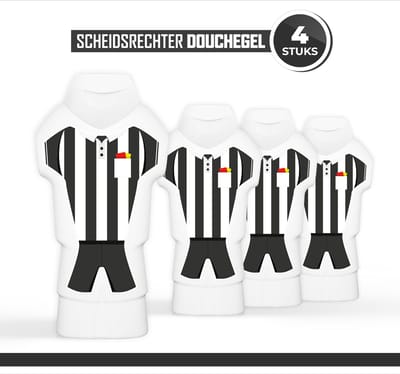 Douchegel "Scheidsrechter" - 300 ml - 4 stuks - Triomf Cosmetica | Cadeau Week van de Scheidsrechters Showergel Sport Bedankje Scheids Voetbal Volleybal Cadeautje Douchegel Set Bedankt Tenue Wedstrijd Toernooi Rode Gele kaart Shirt Zwart Wit Shampoo