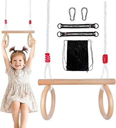 Famanu – 2-in-1 trapezeschommel met gymnastiekringen van hout, verstelbare touwen, therapieschommel