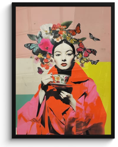Poster in lijst - Fotolijst 60x80 cm - Posters - Retro - Vrouw - Kopje - Vlinders - Posterlijst zwart - Decoratie - Wanddecoratie woonkamer - Muurdecoratie slaapkamer