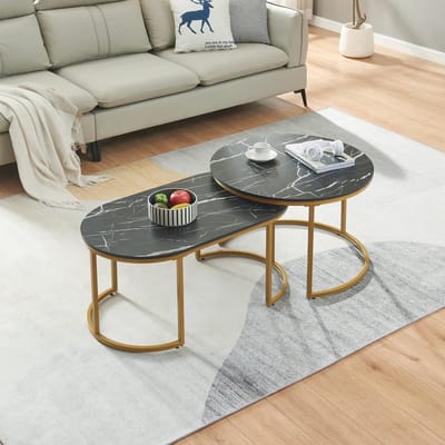 Salontafelset Oppeerg 2-delig marmerlook zwart en goudkleurig [en.casa]