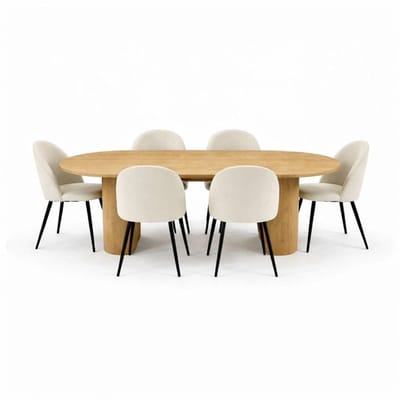 Kyoto eethoek eettafel 100x210cm natuur, 6 stoelen ribfluweel beige.