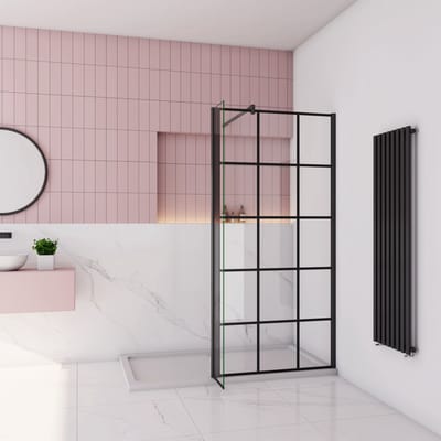 Inloopdouche 100x200cm met mat Zwart kader en raster,8mm NANO EasyClean veiligheidsglas,stabilisatiestang 90cm,draaibaar hoekprofiel 40x200cm