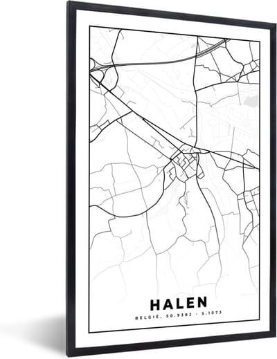 Fotolijst incl. Poster Zwart Wit- Zwart Wit – België – Plattegrond – Stadskaart – Kaart – Halen - 40x60 cm - Posterlijst