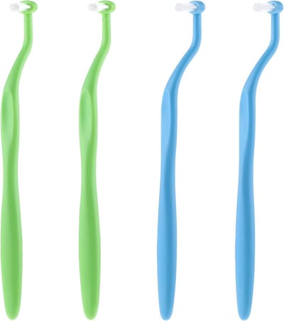4-pack - Orthodontische tandenborstel - Kleine, getufte enkele borstelharen - Klein kopontwerp - Geschikt voor beugels/implantaten/verstandskiezen - Fissuurreinigingsborstel - Blauw+Groen