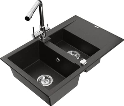 Mexen Gaspar granieten spoelbak 1,5-kamer met afdruiprek en Duero keukenmengkraan, zwart/goud metallic - 6507-75-671600-00