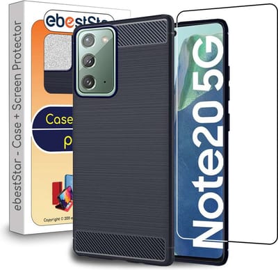 ebestStar - Hoes geschikt voor Samsung Galaxy Note20 (4G, 5G), TPU Bescherming Cover, Koolstof Design Hoesje, Donkerblauw + Gehard Glas